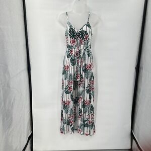 Tropical Romper Maxi Skirt Look Small Floral Palm Cutout Tie Front Summer *